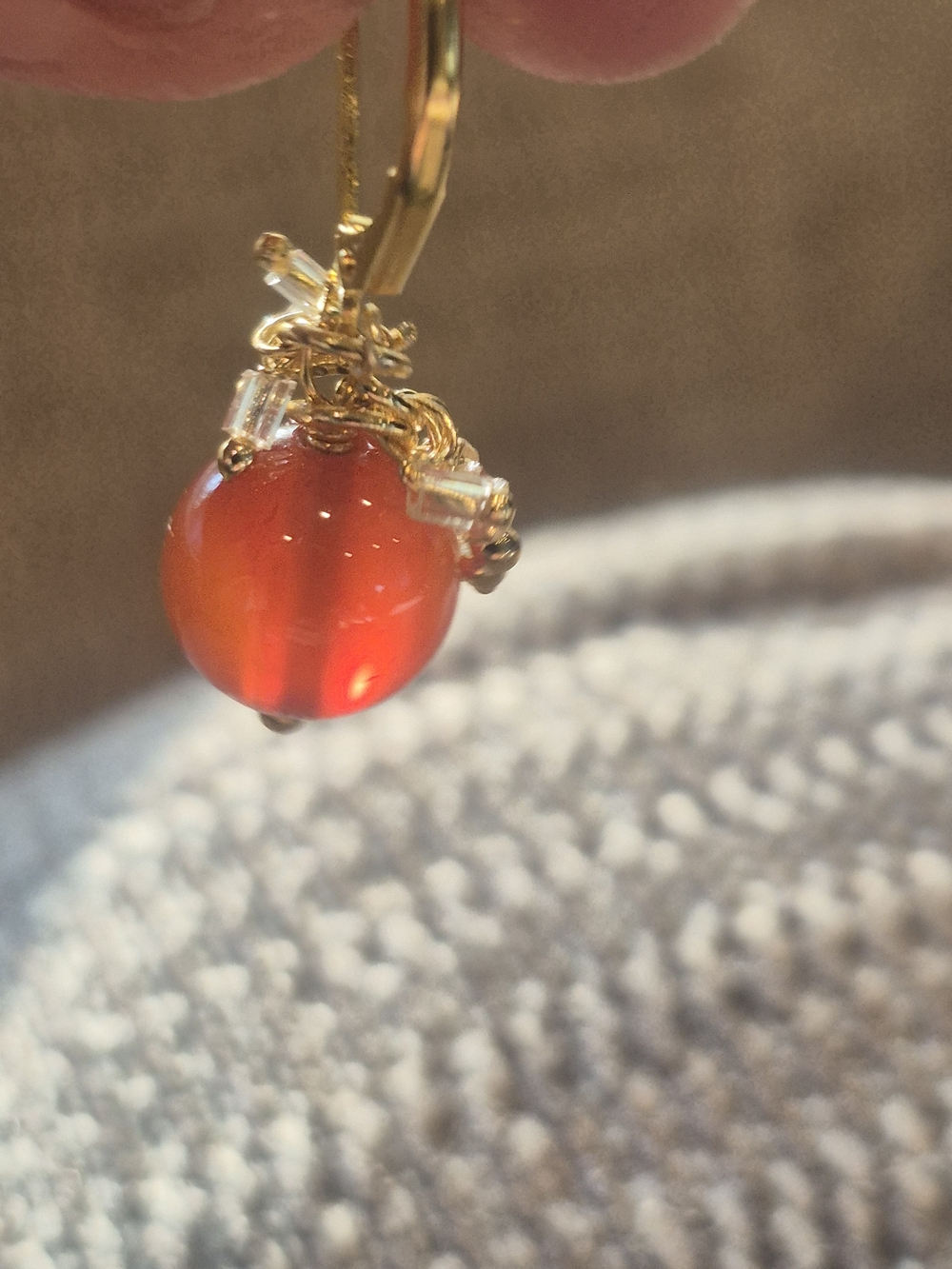 Gold Leverback Earrings with Red Carnelian Beads - Picture 5 of 5